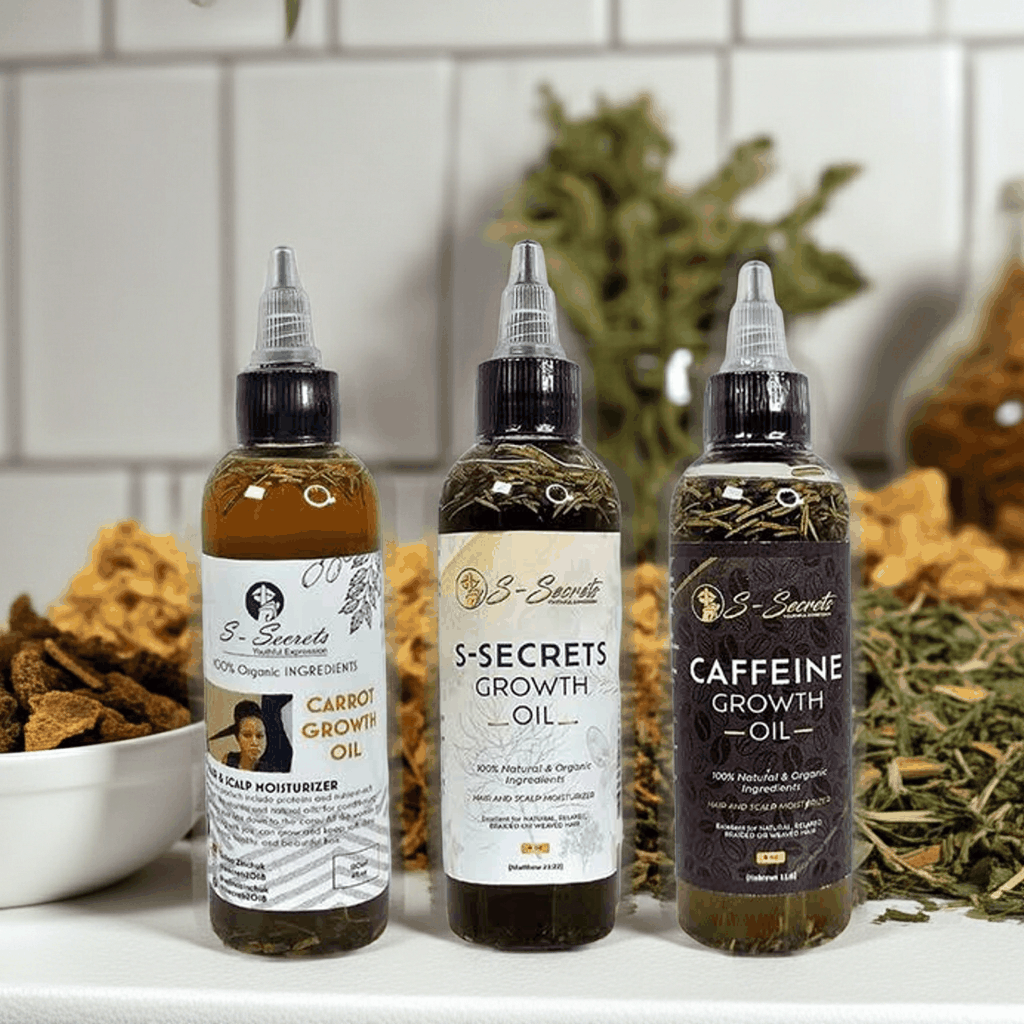 S-Secrets Hair Growth oil Bundle - Ultimate 3 x 4oz Bottles with Biotin, Ayurvedic Herbs, Essential Oils, Saw Palmetto & Scalp Stimulator Oil
