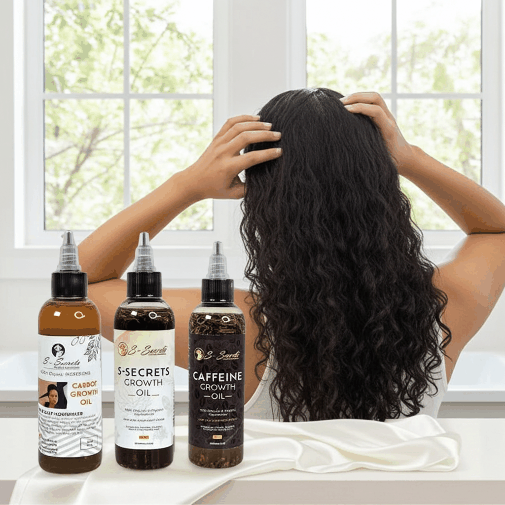 S-Secrets Hair Growth oil Bundle - Ultimate 3 x 4oz Bottles with Biotin, Ayurvedic Herbs, Essential Oils, Saw Palmetto & Scalp Stimulator Oil