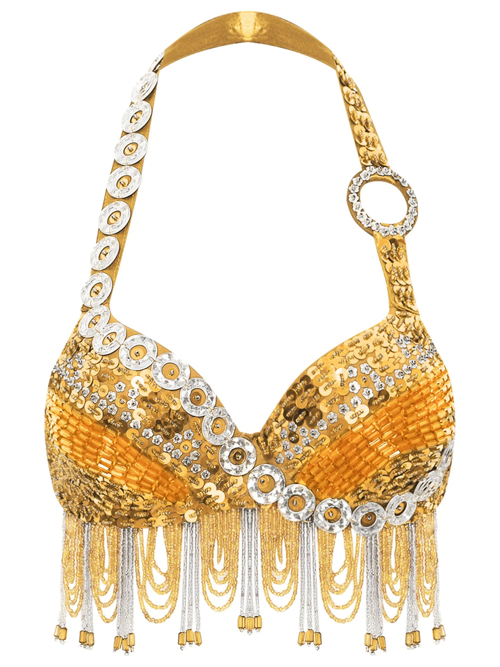 Sequin Beaded Fringe Tassel Performance Costume Halter Bra Top