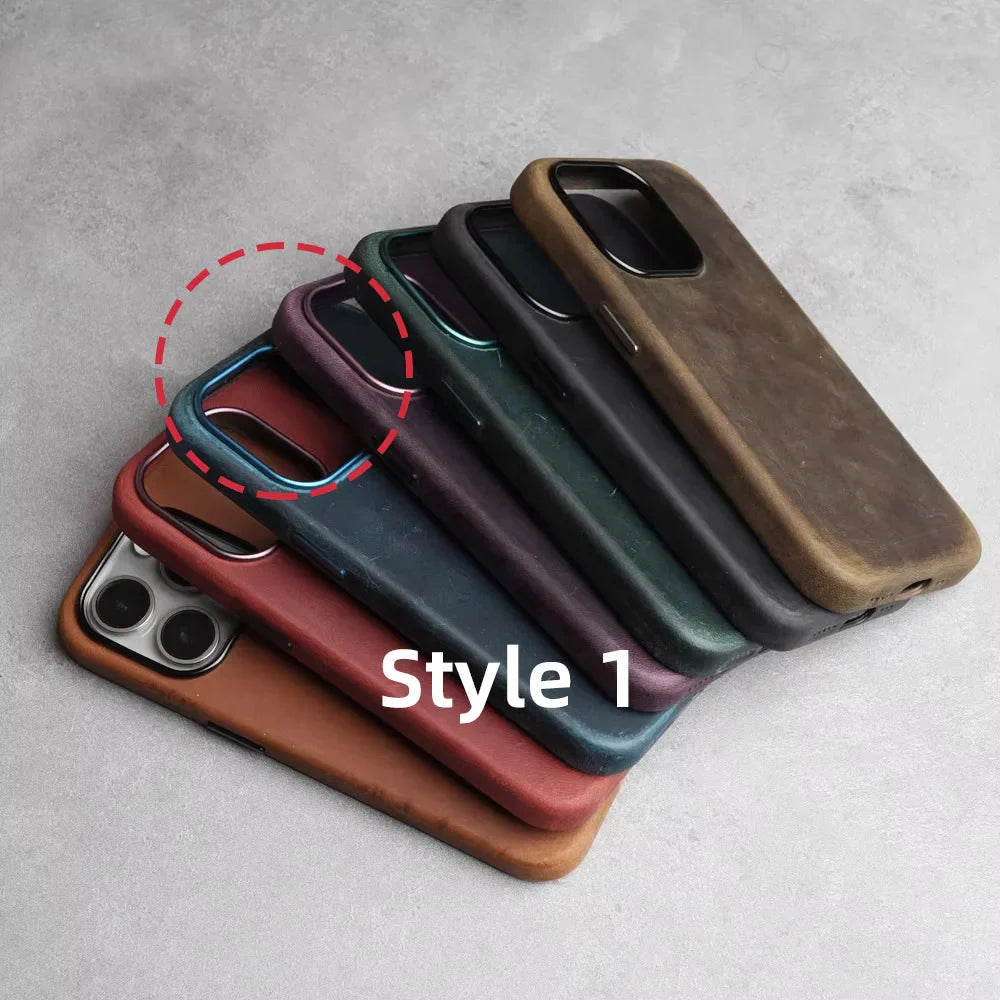 YMW Scratc Crazy Horse Genuine Leather Case for iPhone 16 15 Pro Max Plus 14 13 mini Magnetic PULL-UP Cowhide Phone Cover