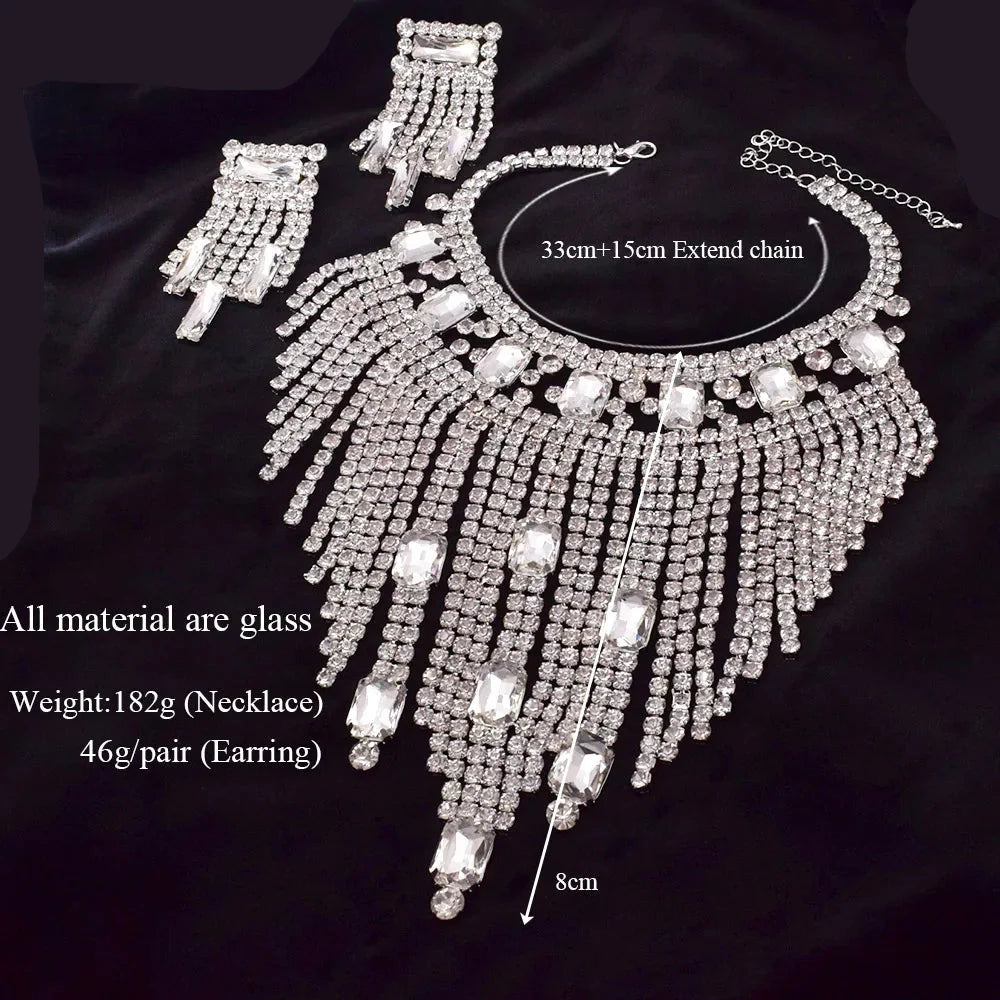 Rhinestone Tassel Earring & Necklace Jewelry Set