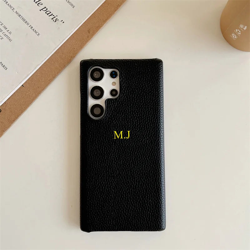 Phone Case for Samsung s23 s22 s24 ultra s21 plus s20 s10p Personalize Customize Name Letter Grain Leather Cases