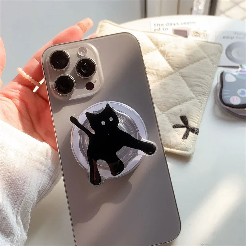 Korean Cute Cartoon Black Cat For Magsafe Magnetic Phone Griptok Phone Holder Stand Universal Phone Ring Grip Tok For iPhone 15