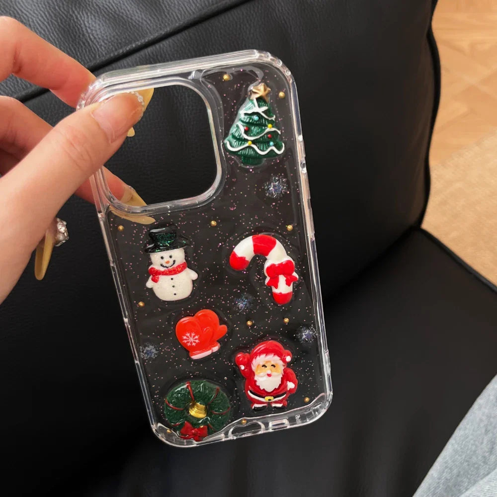 3D Bling Glitter Christmas Socks Snowman Santa Claus Cartoon Cute Phone Case For iPhone 16 15 14 13 12 11 17 Pro Max Soft Cover