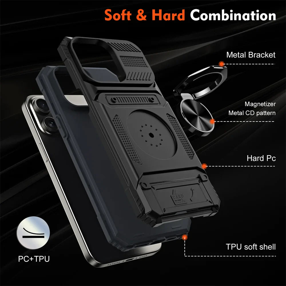 2 Cards Holder Hybrid Defender Case for iPhone 16 Pro Max 15 14 13 11 Magnetic Ring Stand Funda iPhone 15 Pro 14 Plus 8 Plus