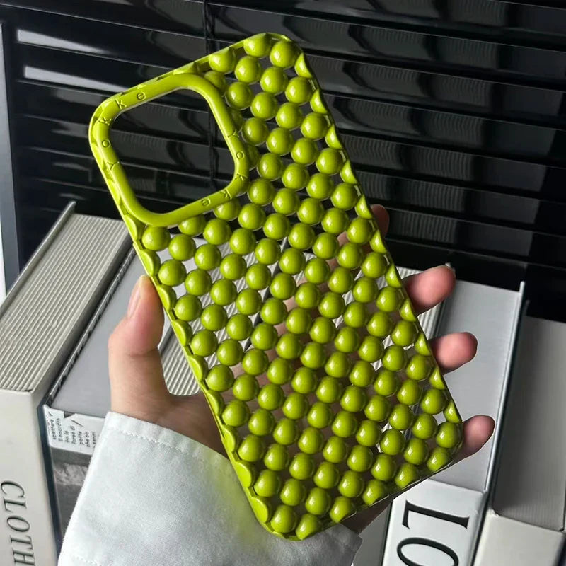 Fashion Green Pearl Round Bead Hollow Out Phone Case For iPhone 16 15 13 14 Pro Max Soft TPU Heat Dissipation Back Cover