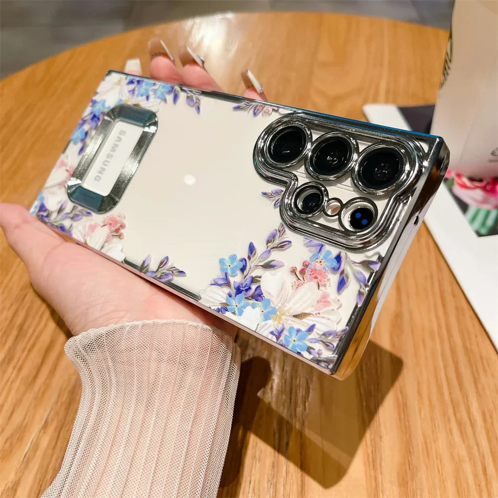 For Samsung S24 Ultra Luxury Plating Logo Hole Case For Samsung Galaxy S23 Ultra S22 Plus Flower Camera Film Transparent Cover
