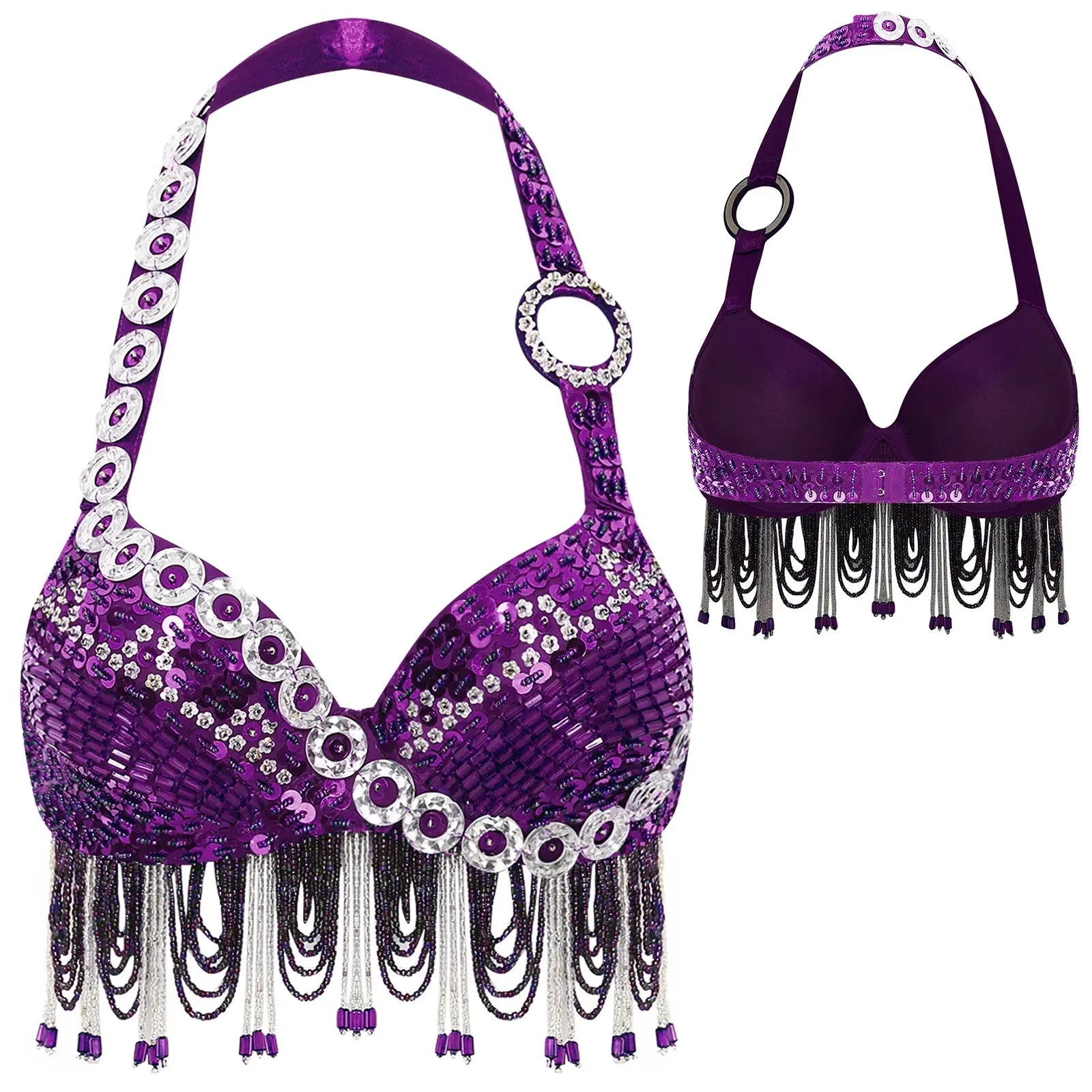Sequin Beaded Fringe Tassel Performance Costume Halter Bra Top