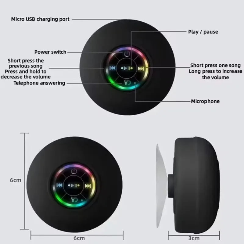 VIKEFON Portable Bluetooth Audio Ipx4 Waterproof Led Lights Bathroom Outdoor Large Suction Cup Can Be Adsorbed Wall Speaker