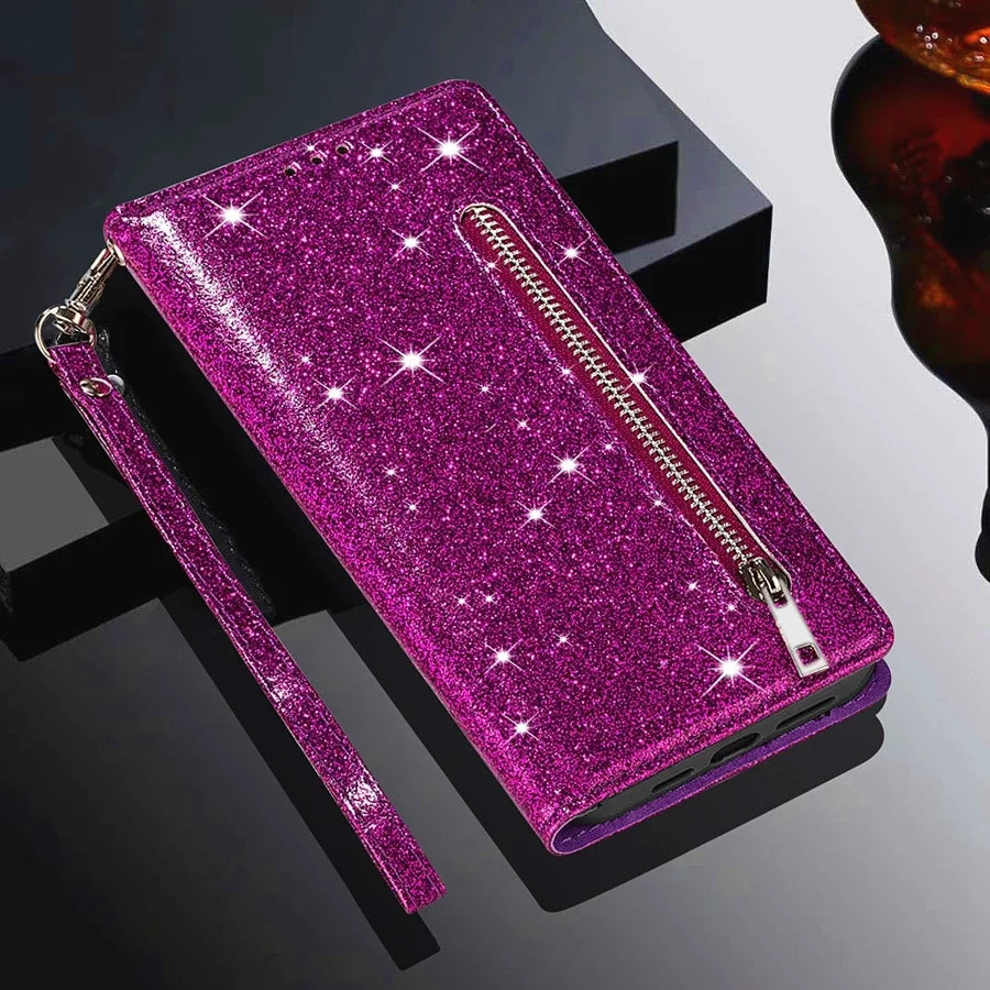 Zipper Glitter Leather Wallet Flip Case For Samsung Galaxy Z Fold 6 5 4 3 5G Cover Fold4 Bling Card Solt Pocket Purse Book Coque