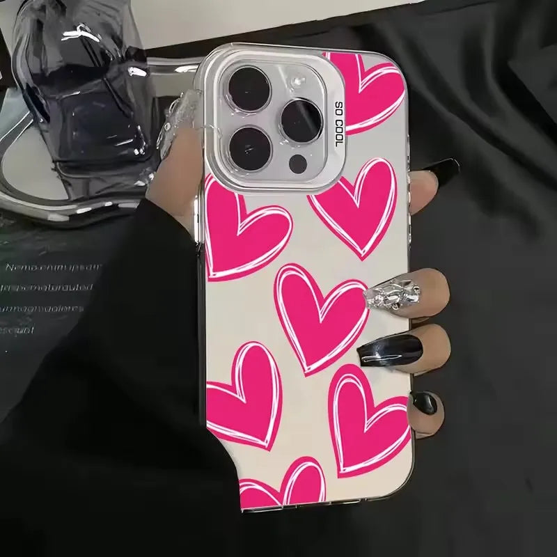 Luxury Love Heart Electroplate Silver IMD Case For iPhone 15 14 16 Pro Max Plus 11 12 13 Pro 7 8 Plus X XR Shockproof Back Cover