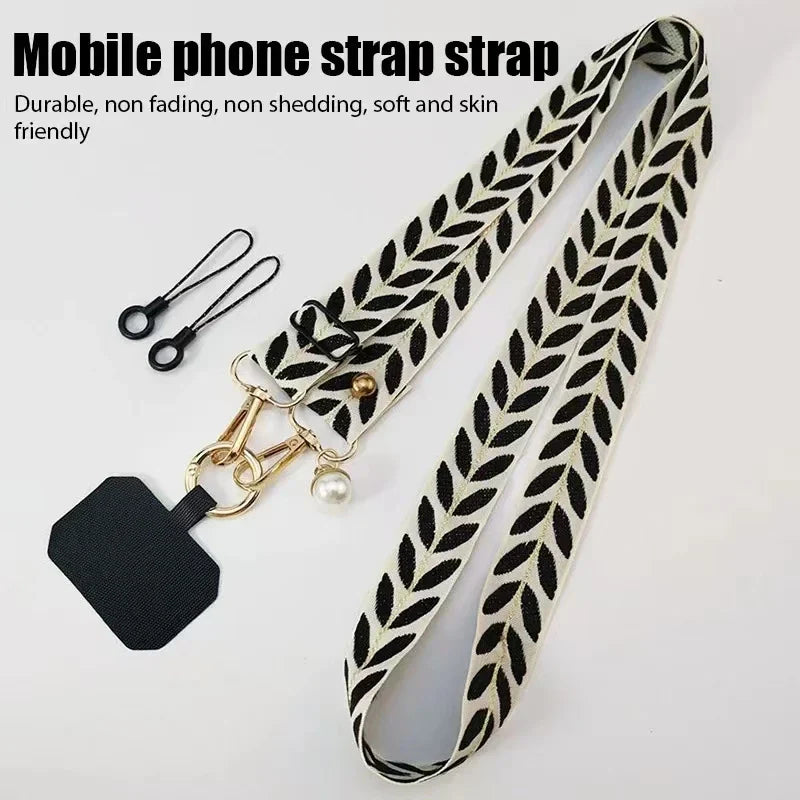Adjustable Crossbody Long Mobile Phone Lanyard Wide Cloth Anti-Lost Neckband Women's Pearl Hanging Ornaments Strap Rope