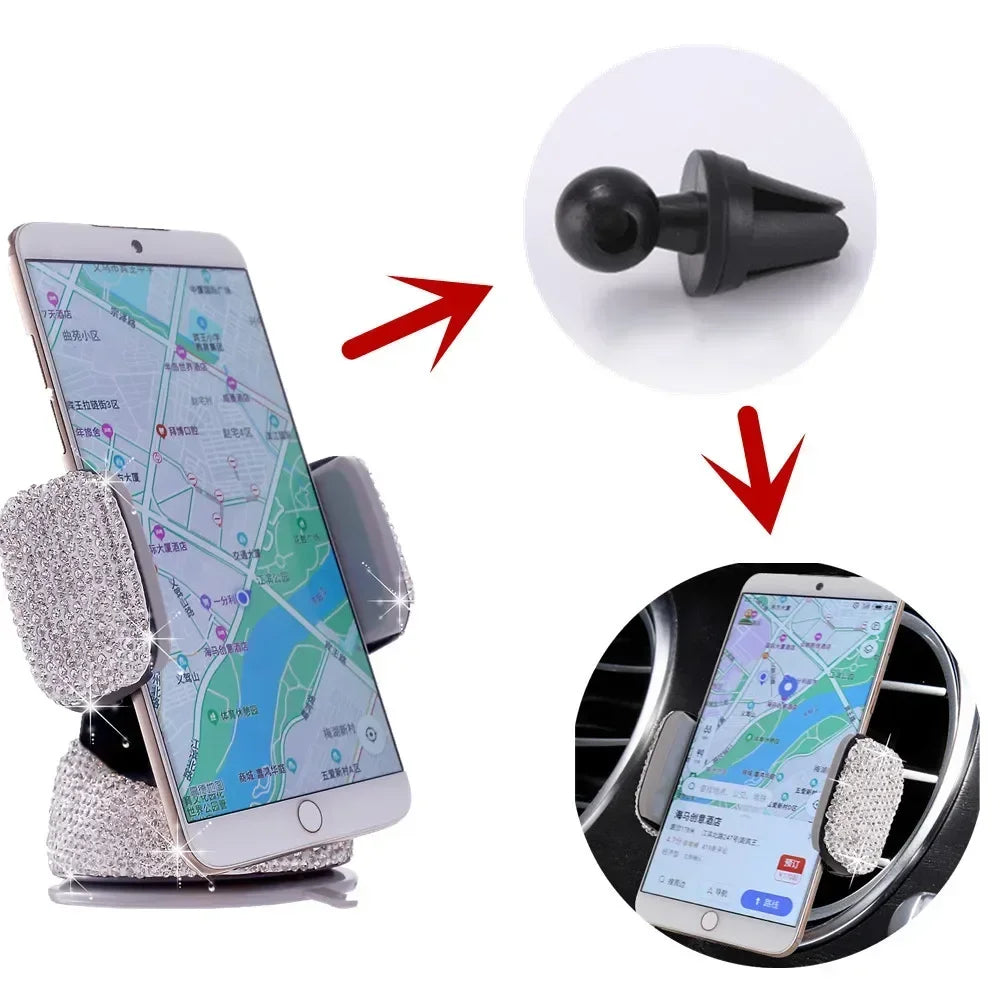 Crystal Rhinestones 360 Degree Car Phone Holder for Car Dashboard Auto Windows and Air Vent Universal Car Mobile Phone Holder