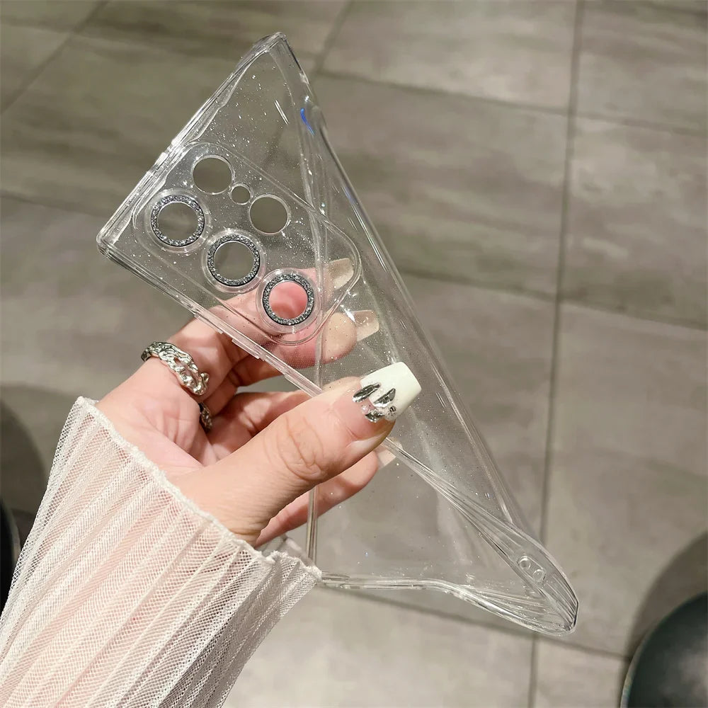 Transparent Glitter Soft Case for Samsung Galaxy S24 S23 Ultra S22 S21 Plus S20 FE A54 A34 A55 A52 A35 A53 A25 Camera Film Cover