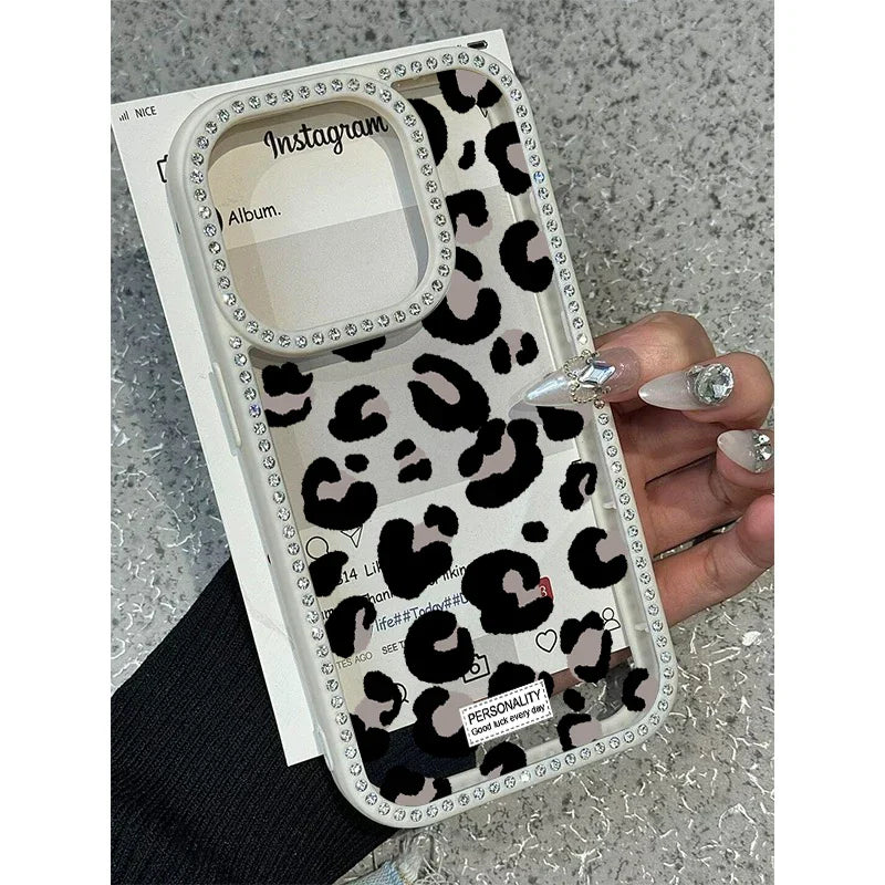 Pink Black Leopard Print Diamond Inlaid Frame Plain Case for iPhone 16 15 14 Plus 13 12 11 Pro Max Acrylic Silicone Hard Cover
