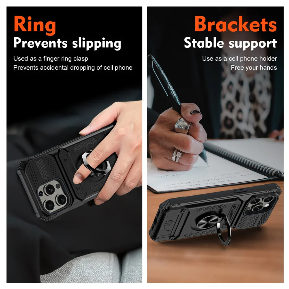 2 Cards Holder Hybrid Defender Case for iPhone 16 Pro Max 15 14 13 11 Magnetic Ring Stand Funda iPhone 15 Pro 14 Plus 8 Plus