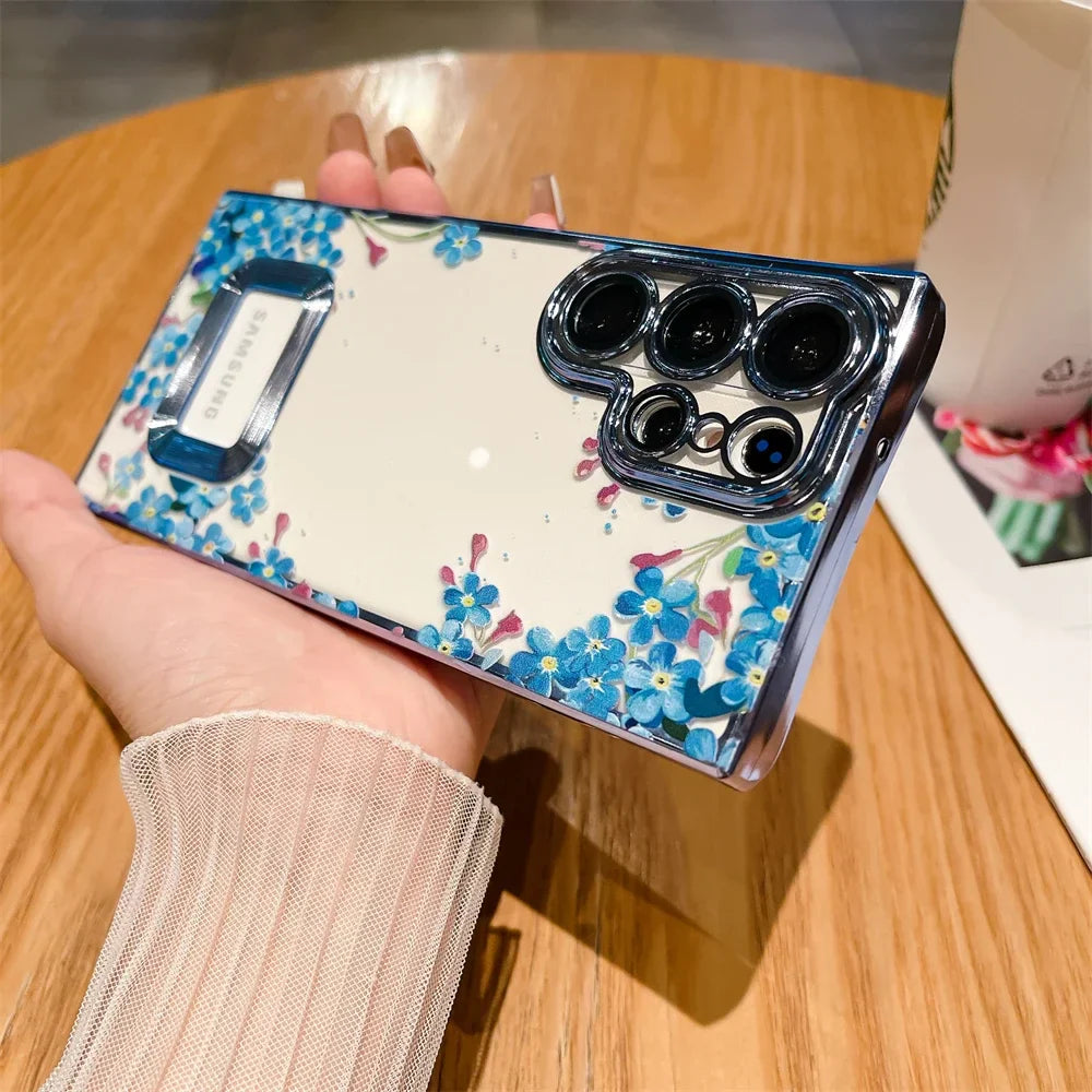 For Samsung S24 Ultra Luxury Plating Logo Hole Case For Samsung Galaxy S23 Ultra S22 Plus Flower Camera Film Transparent Cover