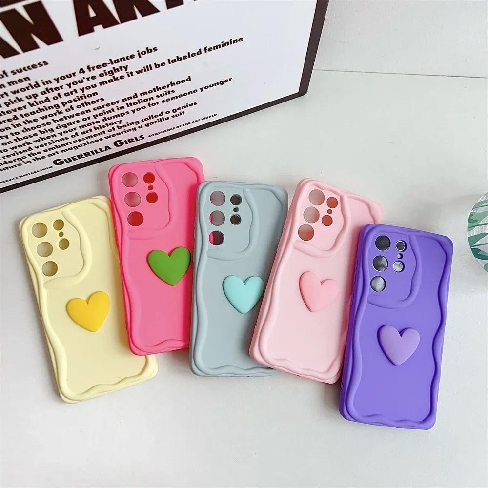 Cute Cartoon Love Heart Case for Samsung Galaxy S24 Ultra S23 S22 Plus S21 S20 FE A54 A34 A14 A73 A53 A52 A31 Soft Wave Cover
