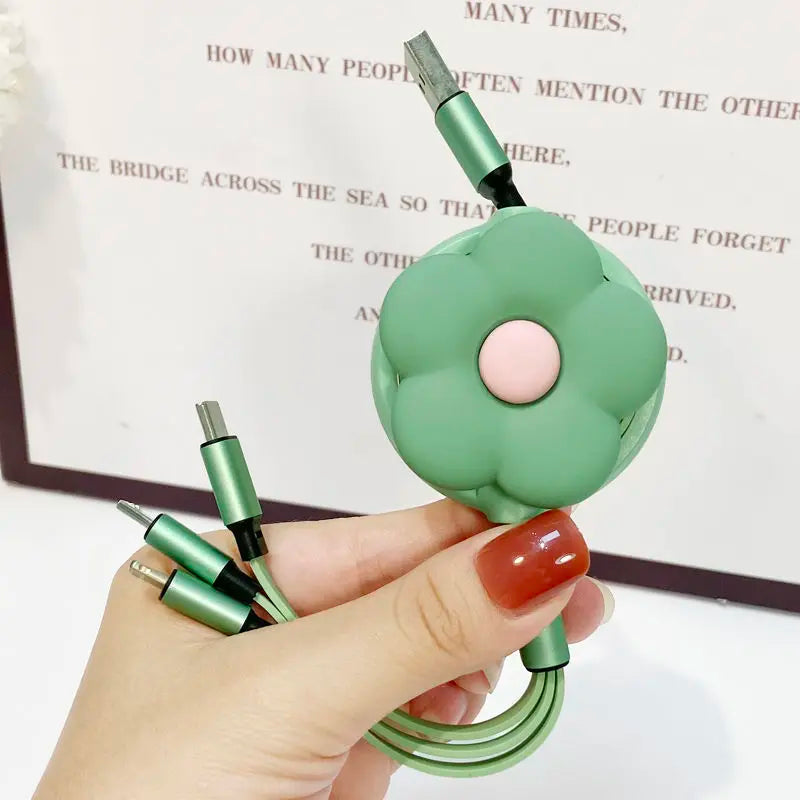 MINISO Cute flowers Retractable Fast Charging Cable Phone Interface For iphone  Android TYPE-C 3-in-1 mobile phone data cable