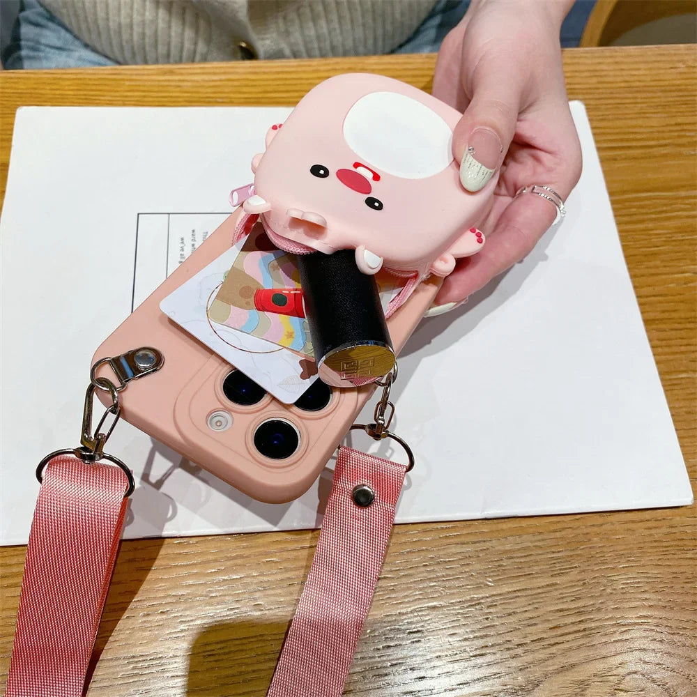 3D Cartoon Capybara Crossbody Strap Coin Wallet Lipstick Bag Phone Case For iPhone 16 15 14 Plus 13 12 11 Pro Max 16ProMax