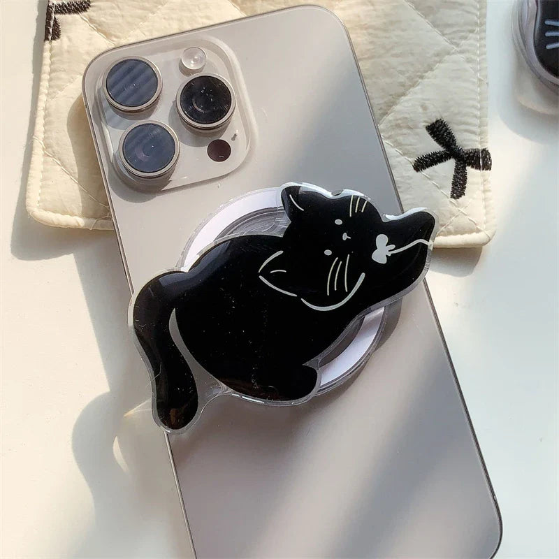 Korean Cute Cartoon Black Cat For Magsafe Magnetic Phone Griptok Phone Holder Stand Universal Phone Ring Grip Tok For iPhone 15