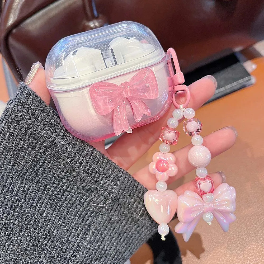 Korean Bow Flower Heart Clear Case For Samsung Galaxy Buds 2 Pro Live FE Buds 3 Pro Earphone Cover Soft Transparent with Pendant