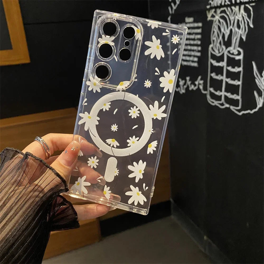 for Magsafe Cartoon Flower Case for Samsung Galaxy S23 S22 Ultra Note 20 S21 Plus Wireless Transparent Soft Shockproof TPU Cover