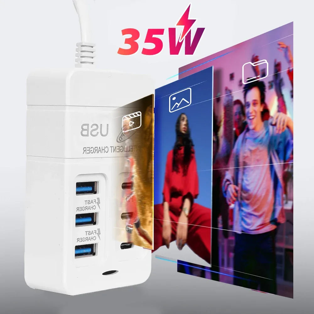 PD Quick Charging Wall Chargers USB Hub Adapter 6 Ports USB Type C Desktop EU US Plug Slots Charging Extension Socket Outlet