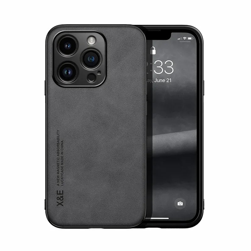 Luxury Leather Case For iPhone 16 16e 15 14 13 12 11 Pro Max Plus 12 13 Mini X XS SE 8 7 Cover With Metal Plate Support Car Hold