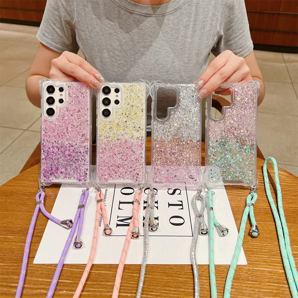 Glitter Gradient Crossbody Case for Samsung Galaxy S24 Ultra S22 S23 Plus A55 A54 A34 A14 A15 A53 Lanyard Necklace Bumper Cover