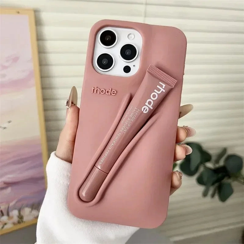 Fashion Lip Gloss Portable Silicone Shockproof Phone Case with Lipstick Suitable for IPhone 11 12 13 14 15 16 17 Pro Max Plus