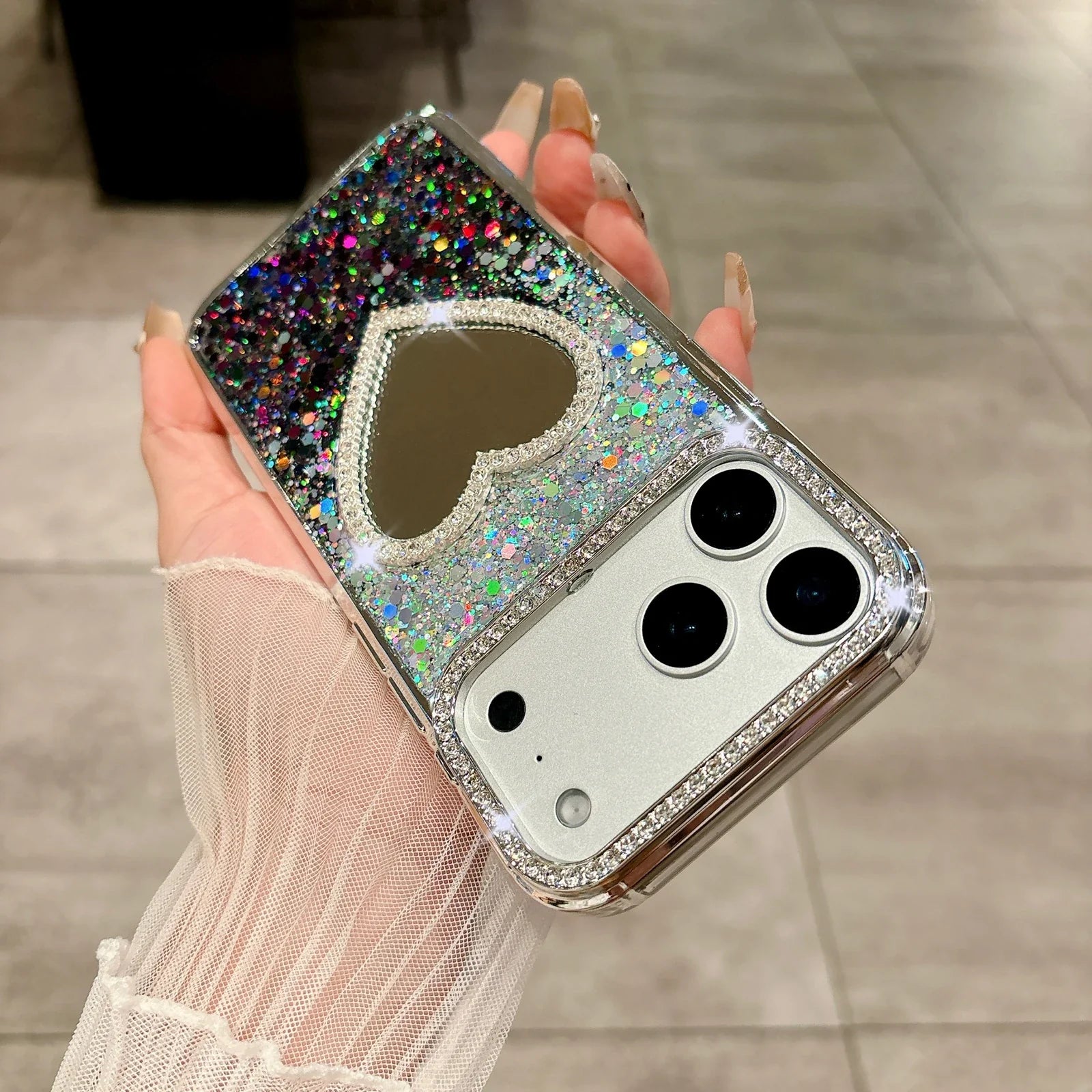 Luxury Diamond Love Heart Mirror Phone Case for iPhone 17 Air 16 15 14 13 Pro Max 17Pro Girls Gradient Shiny Plating Soft Cover