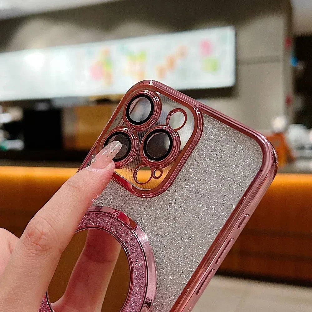 Luxury Glitter Mirror Stand Case for iPhone 16 15 14 13 12 Pro Max 11 X Xr XsMax 7 8 Plus Bracket Gradient Make Up Plating Cover