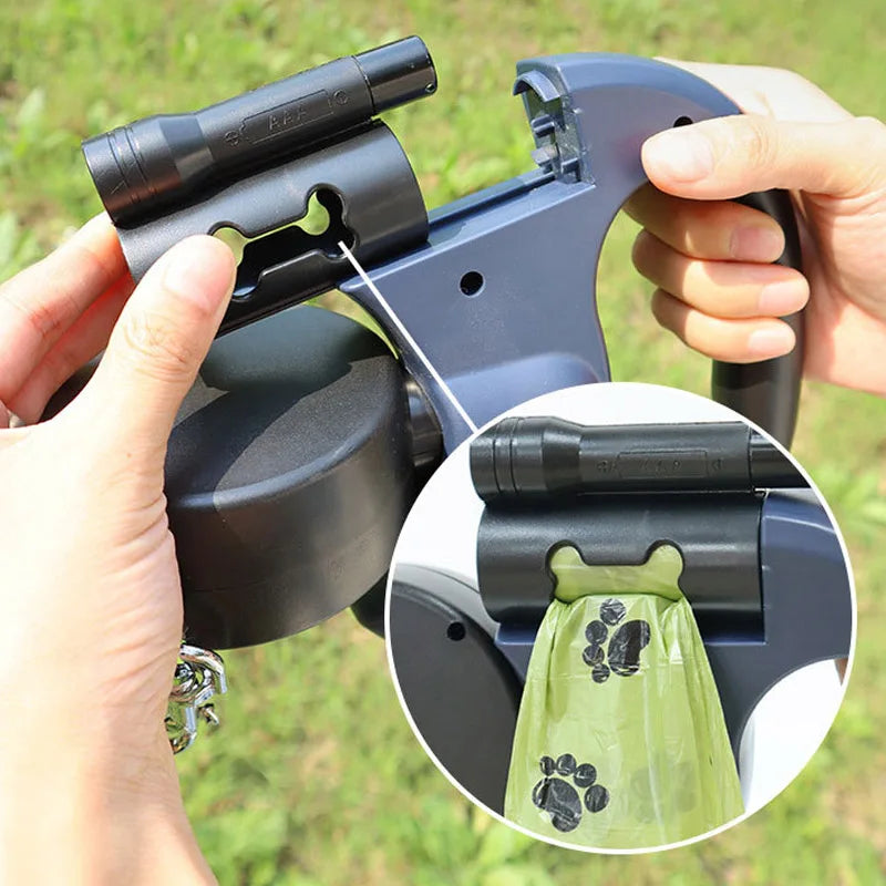 3in1 Double Head Automatic retractable Dog leash Flashlight Poop Bag Dispenser Reflective Pet Cat Extendable Puppy Traction Rope