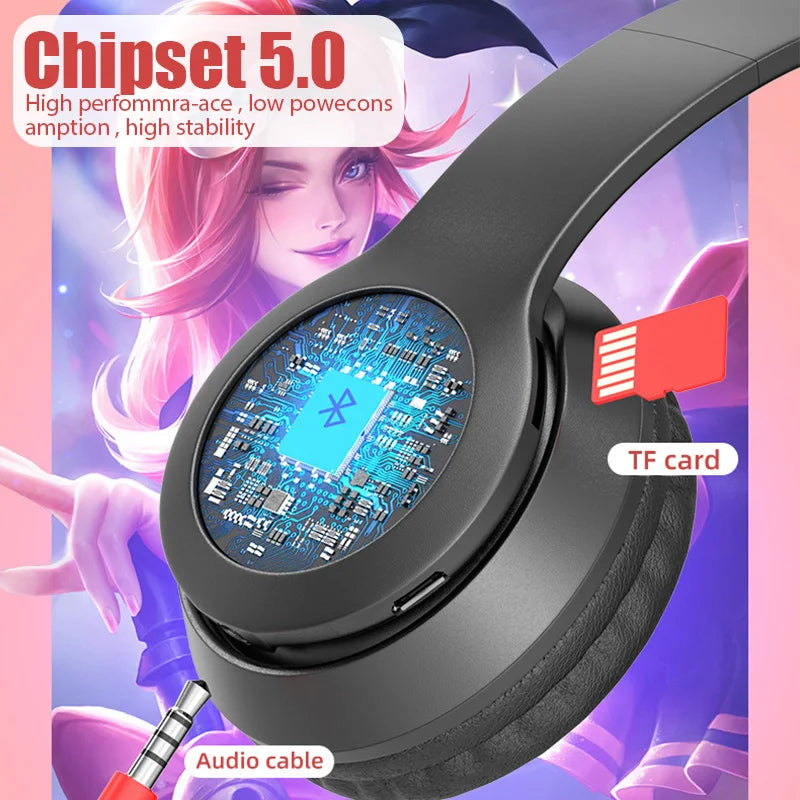 Flash Lamp Cute Cat Ears Headphone Bluetooth5.0 Stereo With Mic Support TF Card Wireless Kids Girl Earphone Birthday Gift