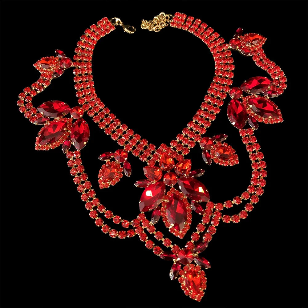 Red Rhinestone Necklace Earring & Bracelet Set