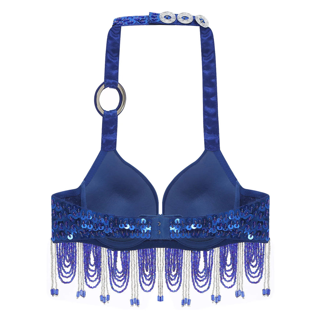 Sequin Beaded Fringe Tassel Performance Costume Halter Bra Top