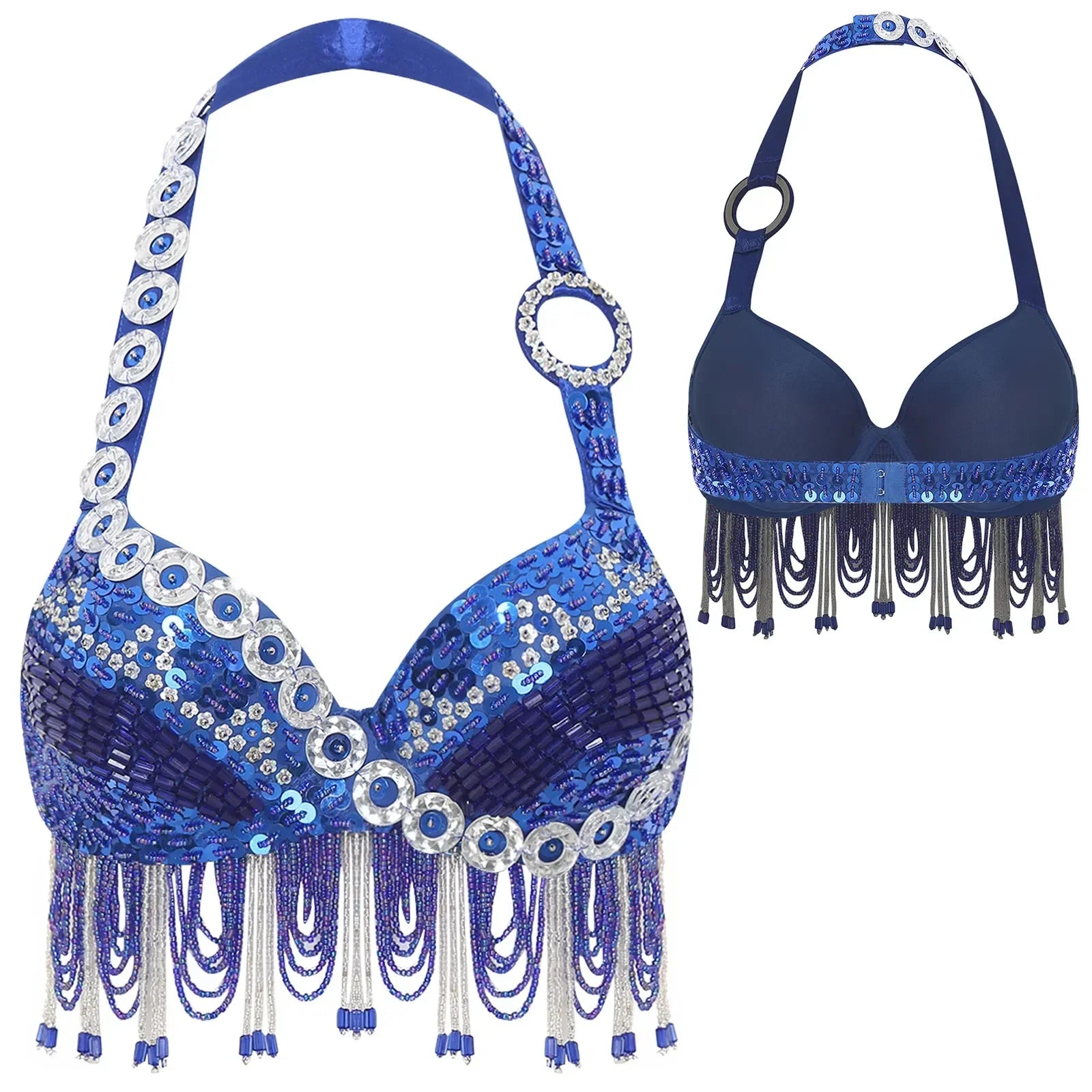 Sequin Beaded Fringe Tassel Performance Costume Halter Bra Top