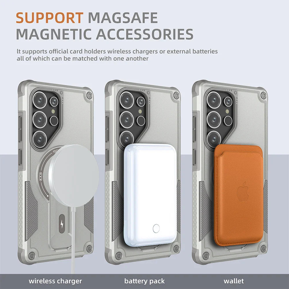 Fold Stand Holder Magnetic Armor Case For Samsung S25 Ultra S24 Plus Wireless Charging Invisible Bracket Shockproof Hard Cover