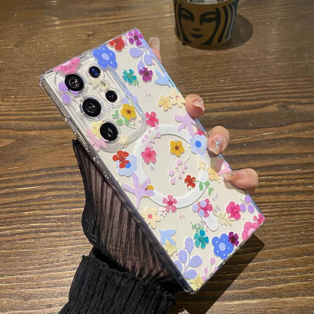 for Magsafe Cartoon Flower Case for Samsung Galaxy S23 S22 Ultra Note 20 S21 Plus Wireless Transparent Soft Shockproof TPU Cover