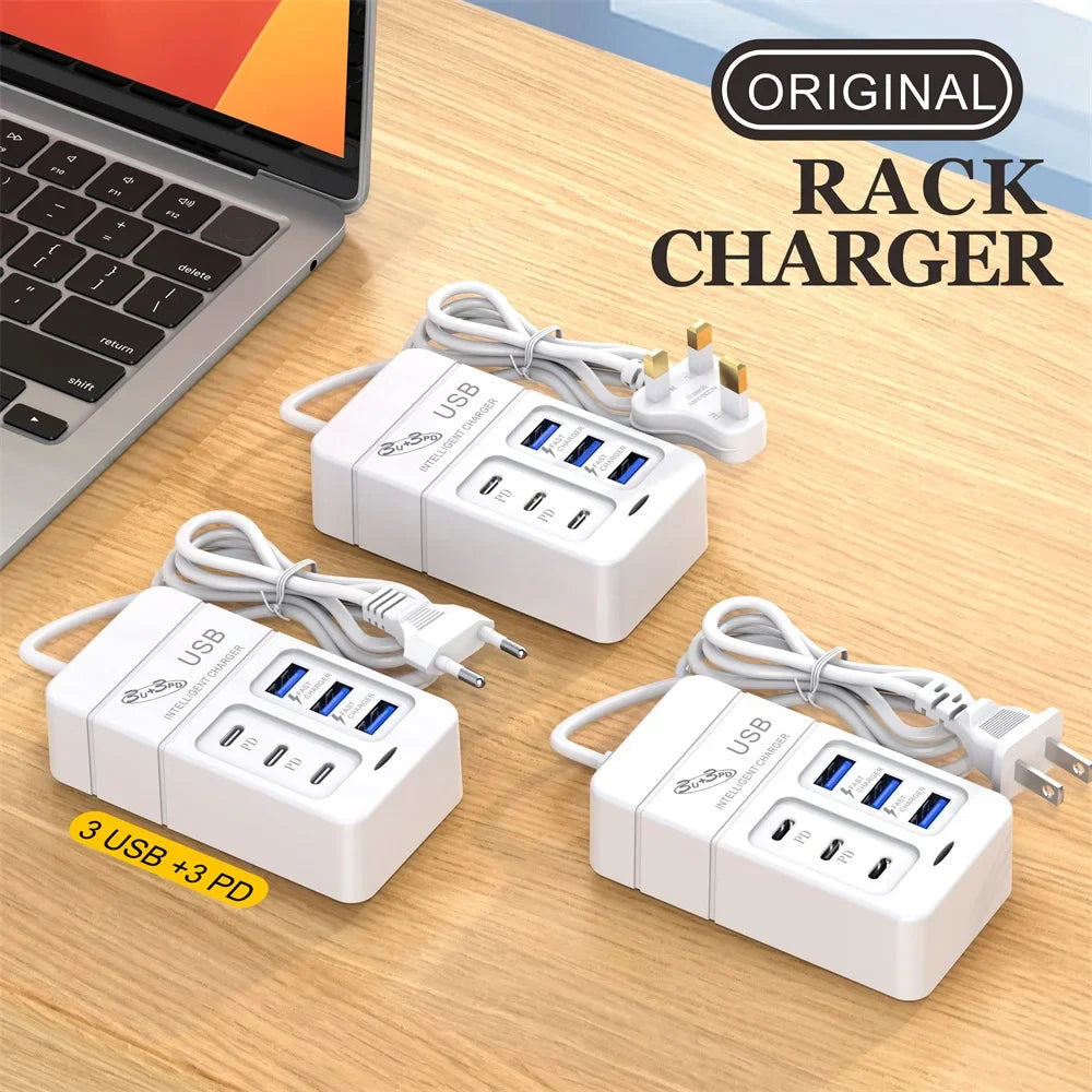6 Port PD USB Charger QC 3.0 Fast Charging Type C Wall Charger for Xiaomi Samsung iPad Mobile Phone Charger Travel Power Adapter
