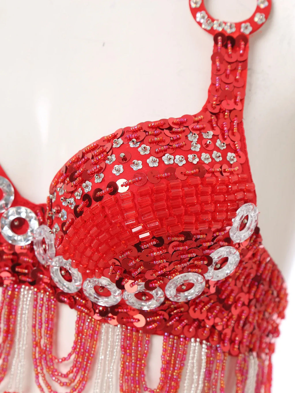 Sequin Beaded Fringe Tassel Performance Costume Halter Bra Top