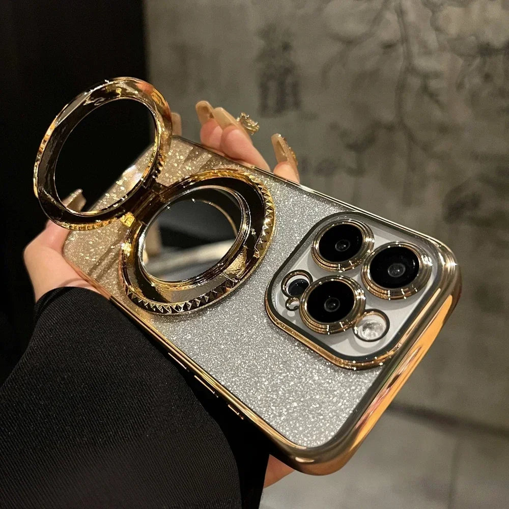 Luxury Glitter Mirror Stand Case for iPhone 16 15 14 13 12 Pro Max 11 X Xr XsMax 7 8 Plus Bracket Gradient Make Up Plating Cover