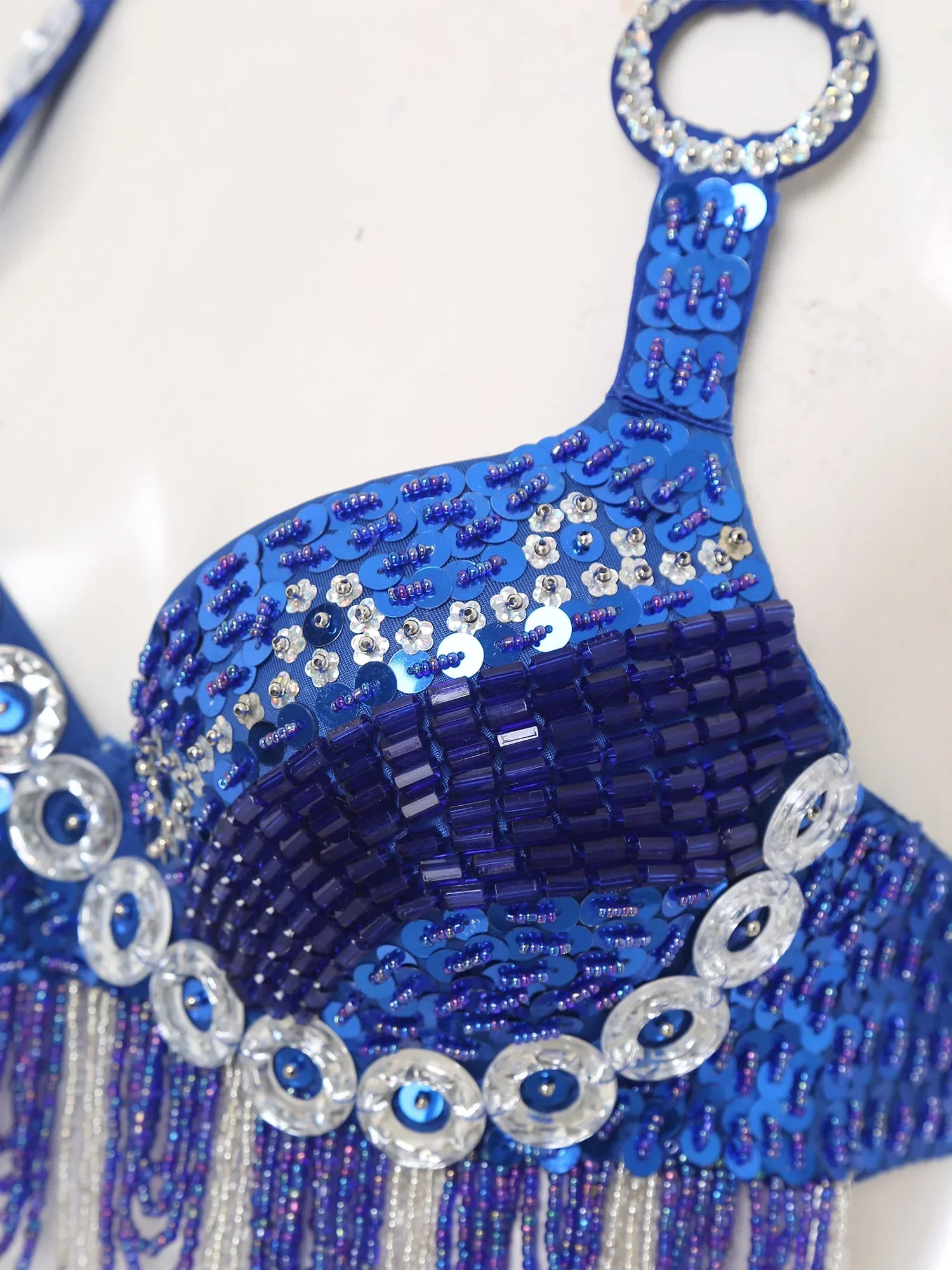 Sequin Beaded Fringe Tassel Performance Costume Halter Bra Top