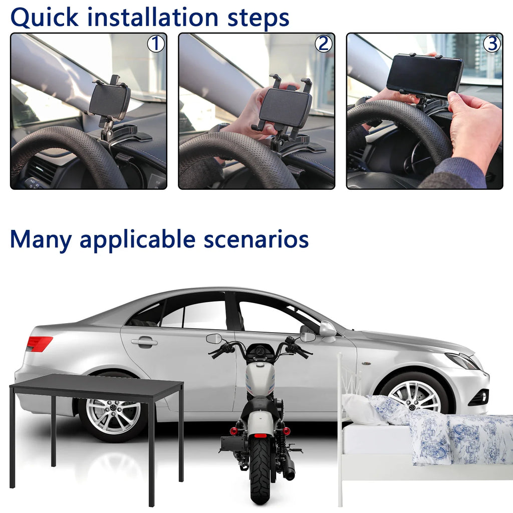 Mobile Phone Holder Dashboard Car Mount Dash 360° Rotation Stand Cradle Panel Multi-Functional Universal GPS Bracket Holder Clip