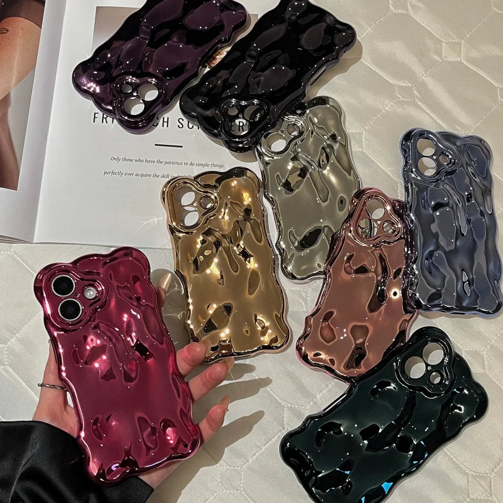 Luxury Curved Waves 3D Bubble Plating Phone Case For iPhone 17 Air 16 15 Plus 14 13 12 Pro Max 11 Shockproof Soft Glossy Cover