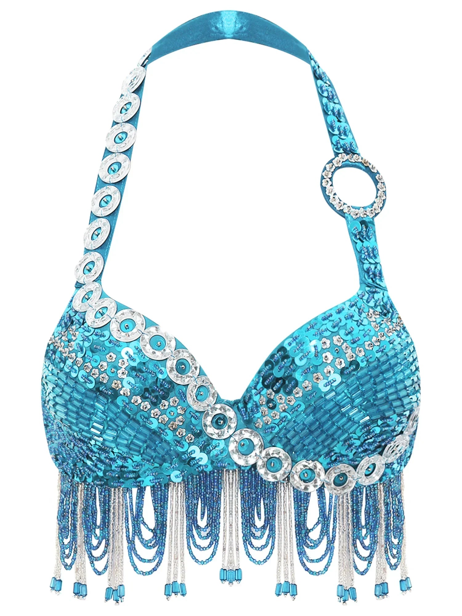 Sequin Beaded Fringe Tassel Performance Costume Halter Bra Top