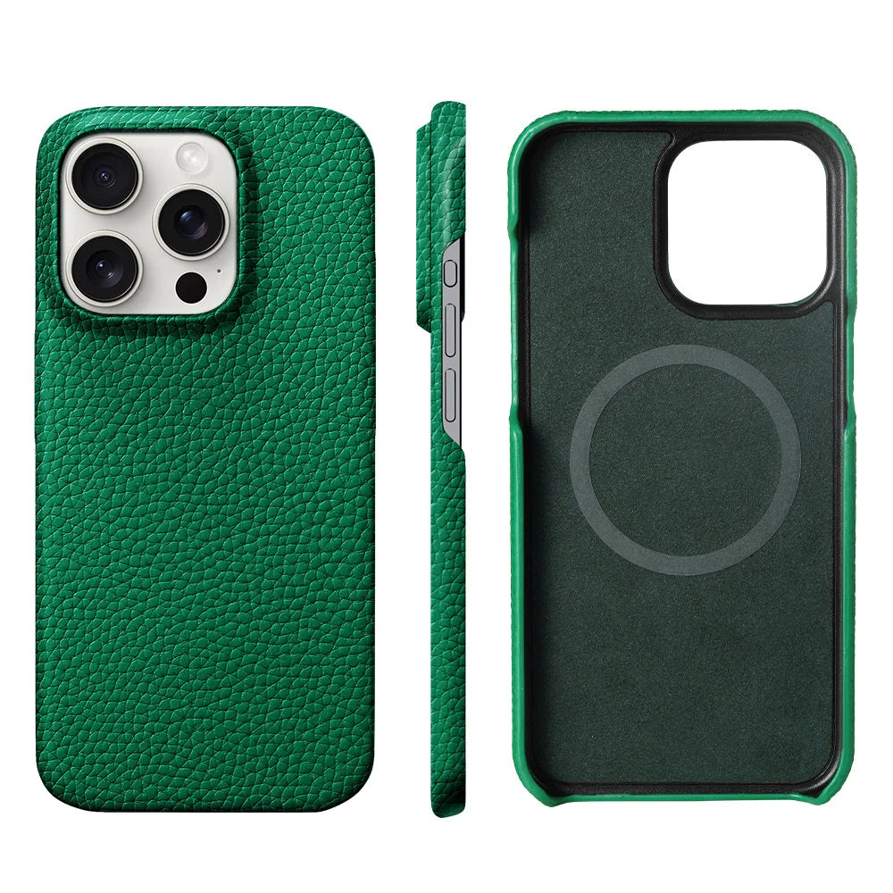 for Magsafe Case for iPhone 15 16 Pro Max Promax 16Pro Natural Cowhide Lychee Leather Magnetic Protector Luxury Phone Back Cover