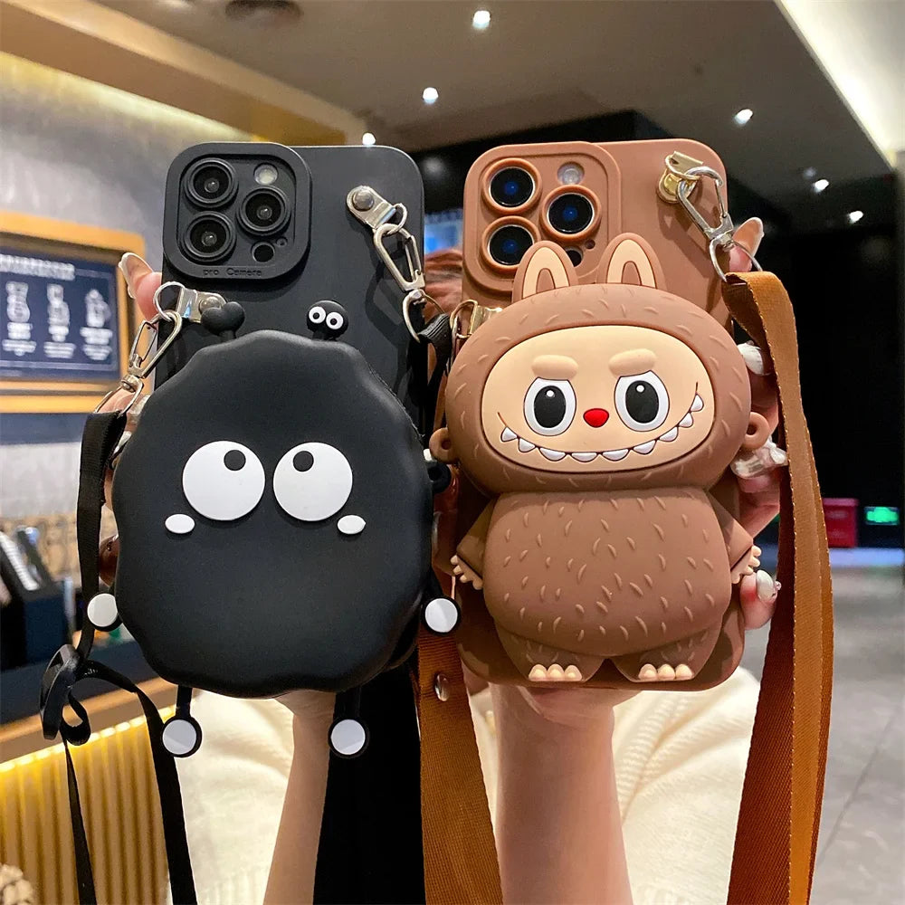 3D Cartoon Capybara Crossbody Strap Coin Wallet Lipstick Bag Phone Case For iPhone 16 15 14 Plus 13 12 11 Pro Max 16ProMax