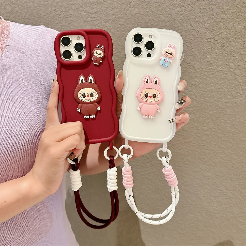3D Cute Cartoon Animals Silicone Soft Phone Case with Wrist Strap For iPhone 16 Pro Max 15 14 13 Wave Edge Frame Candy Cover